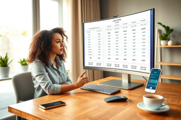 Young professional woman comparing Upstart loan rates and terms on a modern desktop setup in a bright home office