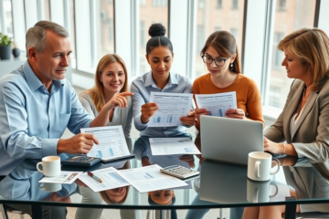 Three adults in a bright office comparing financial documents and loan offers to lower credit card costs with a debt consolidation loan comparison