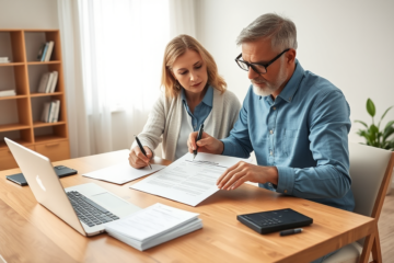 Middle-aged couple carefully reviewing a loan contract at a home office desk with natural light and financial documents