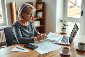 Middle-aged woman reviewing personal loan documents at home office desk with laptop, calculator, and smartphone before early repayment