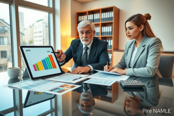 Two people in a modern office comparing loan APR charts and digital graphs at a glass table to find the best loan deal