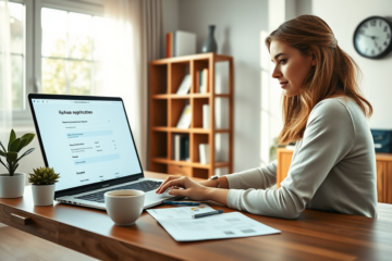 Young professional woman reviewing upstart loan offers on laptop in a bright, modern home office with natural daylight