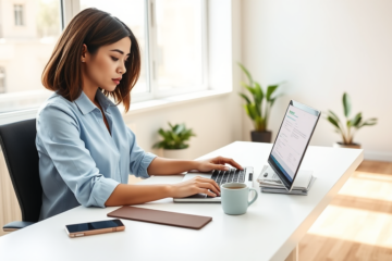 Young professional woman in a bright office reviewing a personal loan application on her laptop before applying