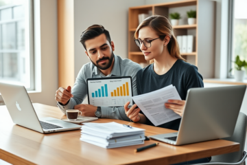 Young couple in modern office compares personal loan refinancing options using tablet, documents, and calculator in bright daylight