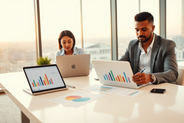 Two professionals comparing personal loan options using laptops and charts in a modern office setting with natural light