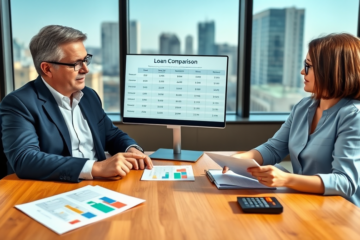 Two professionals comparing loan options at a modern office table with charts, laptop, and natural daylight