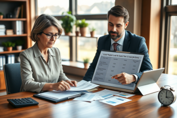 Middle-aged woman and financial advisor reviewing loan repayment options with documents and tablet in modern office