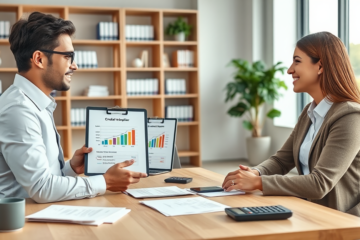 Financial advisor explaining credit score improvement guide to young couple in a modern office with documents and charts for better loan approval