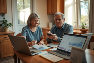 Middle-aged couple in a kitchen reviewing bills and calculator, contemplating an unexpected expense loan under natural afternoon light