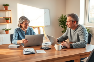 Middle-aged couple reviewing debt consolidation loan documents in a bright home office to simplify debt and lower payments