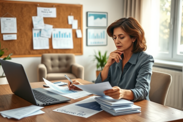 Middle-aged woman reviewing financial documents in a sunlit home office, considering personal loans for debt consolidation