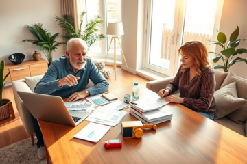 Canadian couple in a modern home reviewing finances and documents for debt consolidation savings with a child playing nearby