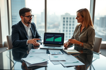 Two professionals discussing TD loans comparison with interest rate charts and monthly payment estimates on a laptop in a modern office