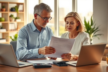 Canadian couple thoughtfully reviewing a loan proposal document at a bright home office desk with financial tools and natural light