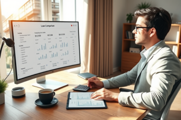 Canadian professional reviewing detailed loan comparison charts and fees in a bright modern home office setting