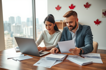 Diverse couple preparing loan application income proof in a bright Canadian office with paperwork and cityscape backdrop