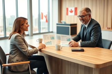 Canadian couple consulting a bank advisor about RBC personal loans rates in a modern, well-lit bank branch interior with cityscape view