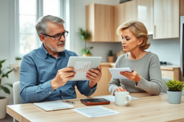 Middle-aged Canadian couple discussing Fairstone personal loans at a bright kitchen table with financial documents and tablet