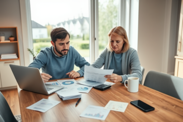 Middle-aged Canadian couple reviewing budget at a kitchen table with laptop and documents, planning a personal loan for unexpected expenses
