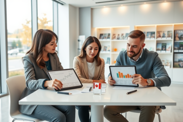 Diverse group comparing Canadian loan options in a modern bank branch with digital tablets and documents on a bright table
