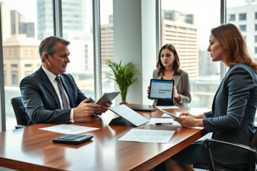Professional financial advisor consulting young client on early loan repayment assessment and fees in a modern Australian bank office