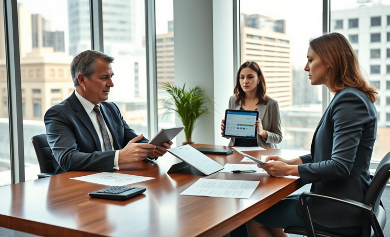 Professional financial advisor consulting young client on early loan repayment assessment and fees in a modern Australian bank office