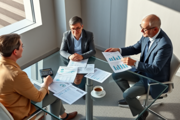 Middle-aged couple consulting a financial advisor in a modern office, reviewing debt consolidation loan comparison documents
