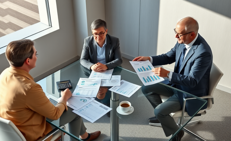 Middle-aged couple consulting a financial advisor in a modern office, reviewing debt consolidation loan comparison documents