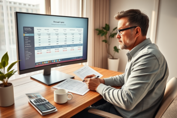 Middle-aged adult comparing personal loan rates, fees and repayment options on a computer in a bright home office
