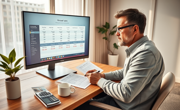 Middle-aged adult comparing personal loan rates, fees and repayment options on a computer in a bright home office