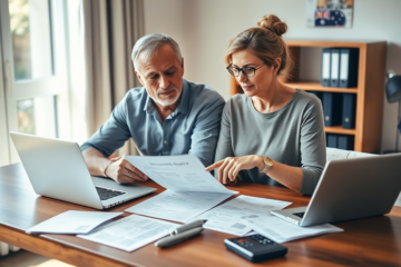 Australian couple completing loan application in a bright home office surrounded by documents and laptop showing key documents needed