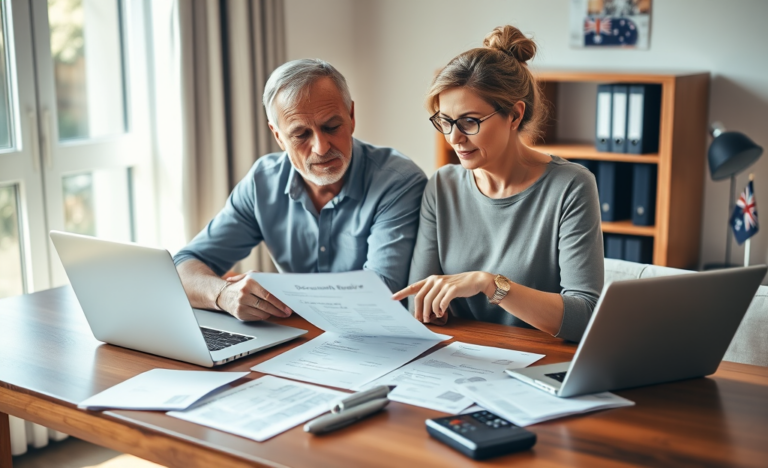 Australian couple completing loan application in a bright home office surrounded by documents and laptop showing key documents needed