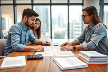 Young professional couple attentively reviewing loan documents with a loan officer in a bright modern bank office before signing a CommBank loan proposal