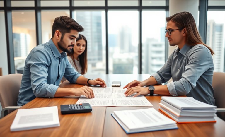 Young professional couple attentively reviewing loan documents with a loan officer in a bright modern bank office before signing a CommBank loan proposal