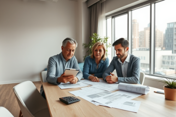Middle-aged couple and loan advisor planning renovation loan budget in bright modern office with architectural sketches and spreadsheets