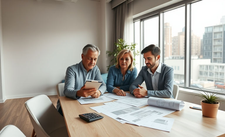 Middle-aged couple and loan advisor planning renovation loan budget in bright modern office with architectural sketches and spreadsheets
