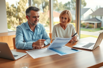 Middle-aged Australian couple in a sunlit home office comparing personal loan documents thoughtfully with suburban neighborhood in background