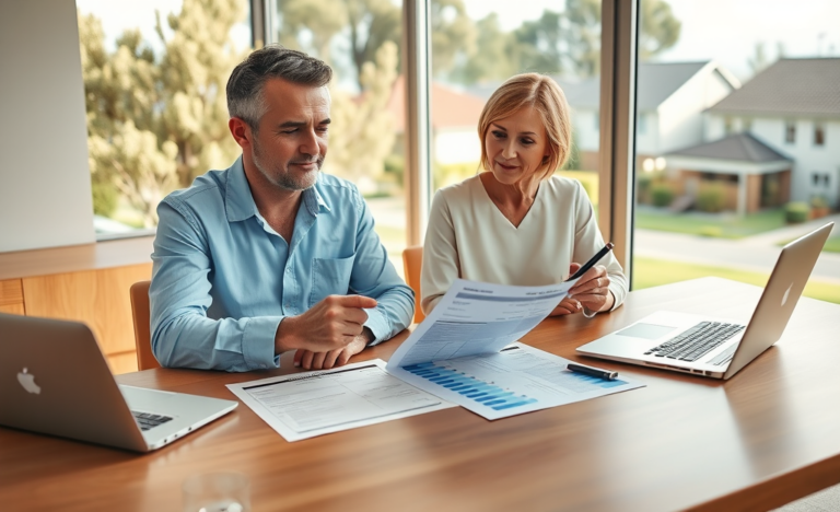 Middle-aged Australian couple in a sunlit home office comparing personal loan documents thoughtfully with suburban neighborhood in background
