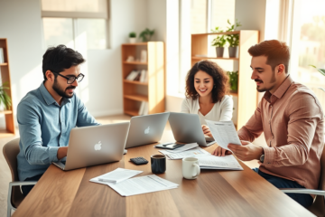 Three adults in a bright modern office comparing personal loan costs with laptops and documents, reflecting a careful financial decision process