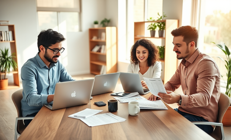 Three adults in a bright modern office comparing personal loan costs with laptops and documents, reflecting a careful financial decision process