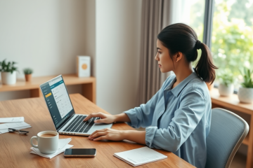 Young woman in modern home office comparing and applying for personal loans online with laptop and documents in natural daylight