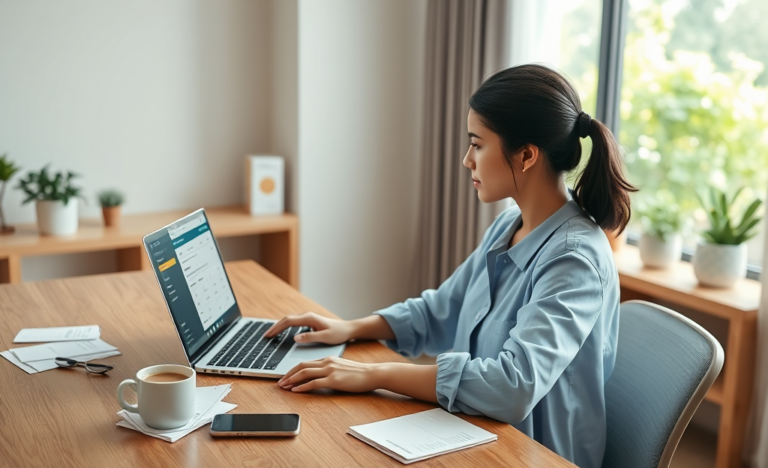Young woman in modern home office comparing and applying for personal loans online with laptop and documents in natural daylight